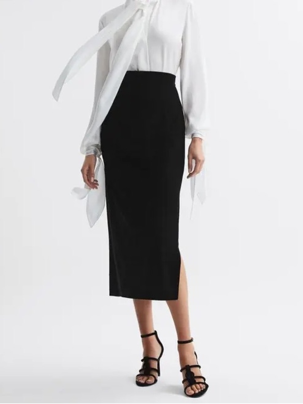 Reiss Black Velvet High-Waist Midi Pencil Skirt